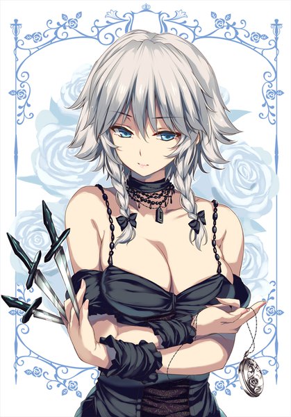 Anime picture 1048x1500 with touhou izayoi sakuya moneti (daifuku) single tall image fringe short hair breasts blue eyes light erotic hair between eyes large breasts bare shoulders holding looking away cleavage silver hair upper body braid (braids) alternate costume