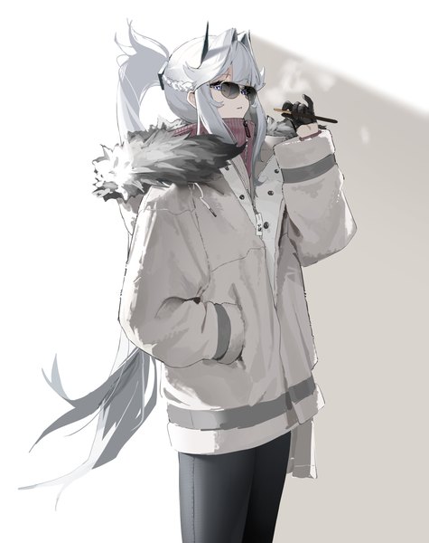 Anime-Bild 5300x6700 mit original mark jin single tall image looking at viewer fringe highres simple background standing payot absurdres silver hair ponytail very long hair horn (horns) fur trim exhalation hand in pocket partially open clothes girl