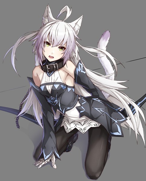 Anime picture 1291x1600 with fate (series) fate/grand order atalanta (fate) atalanta (alter) (fate) takanashi kei (hitsujikan) single long hair tall image looking at viewer fringe open mouth simple background hair between eyes bare shoulders holding animal ears yellow eyes silver hair ahoge tail