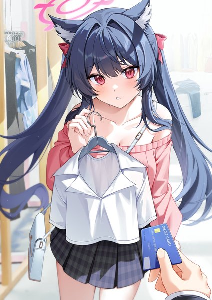 Anime picture 1393x1966 with blue archive sensei (blue archive) serika (blue archive) solcha long hair tall image looking at viewer blush fringe breasts black hair hair between eyes red eyes standing twintails animal ears cleavage long sleeves parted lips pleated skirt