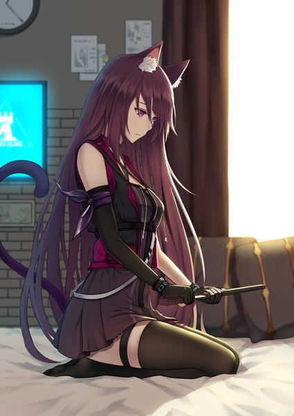 Anime picture 1018x1440 with arknights melantha (arknights) dylannn single long hair tall image fringe breasts light erotic sitting purple eyes bare shoulders holding animal ears looking away purple hair full body bent knee (knees) indoors tail
