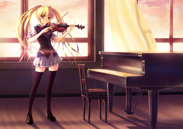 Anime picture 1500x1061 with original testa421 single long hair looking at viewer fringe blonde hair standing twintails brown eyes playing instrument girl thighhighs uniform black thighhighs school uniform shoes window chair musical instrument