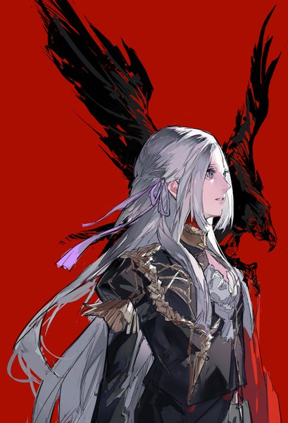 Anime picture 1000x1467 with fire emblem fire emblem: three houses nintendo edelgard von hresvelg n0ise single long hair tall image simple background standing purple eyes looking away white hair parted lips red background girl uniform ribbon (ribbons) hair ribbon animal