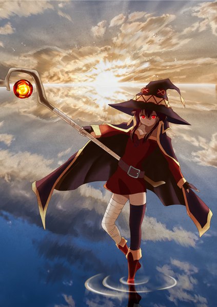 Anime picture 1821x2580 with kono subarashii sekai ni shukufuku wo! studio deen megumin gibun (sozoshu) single tall image looking at viewer fringe highres short hair breasts hair between eyes red eyes standing holding payot sky cloud (clouds) full body outstretched arm