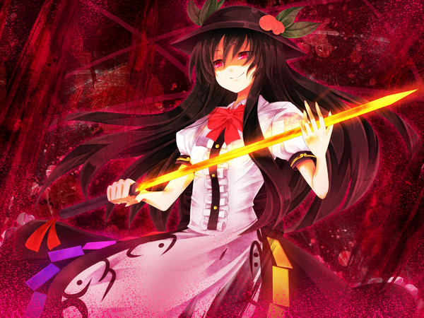 Anime picture 1200x900 with touhou hinanawi tenshi aru gunsou single long hair black hair smile red eyes girl dress weapon hat sword bowtie hisou no tsurugi