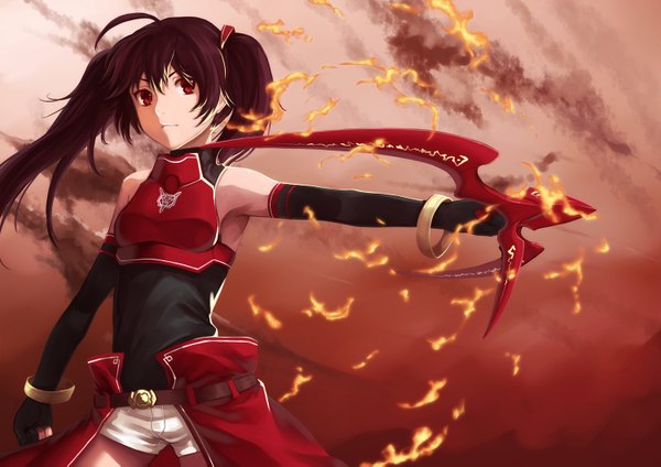 Anime picture 1500x1061 with deras single long hair looking at viewer red eyes brown hair standing twintails bare shoulders cloud (clouds) wind girl gloves weapon elbow gloves shorts bracelet fire