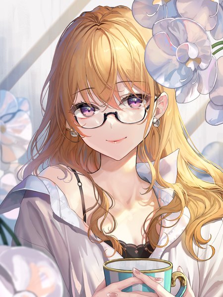 Anime picture 1875x2500 with original okuma mai single long hair tall image looking at viewer fringe highres blonde hair smile hair between eyes holding upper body nail polish pink eyes fingernails off shoulder partially open clothes girl flower (flowers)