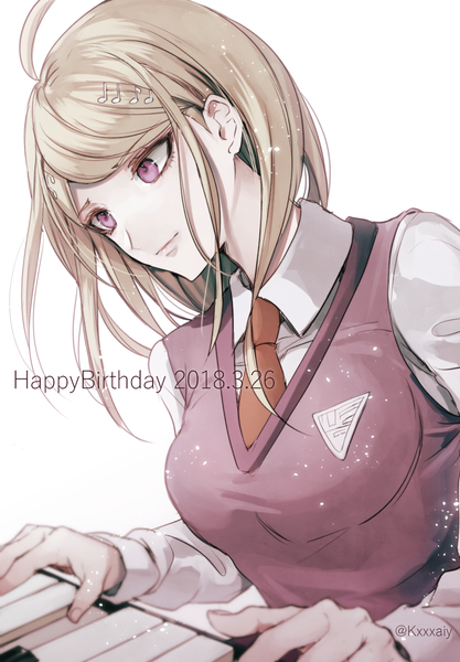 Anime picture 771x1108 with dangan ronpa new danganronpa v3 akamatsu kaede sakuyu single long hair tall image fringe breasts simple background blonde hair white background signed upper body ahoge head tilt pink eyes twitter username dated looking down