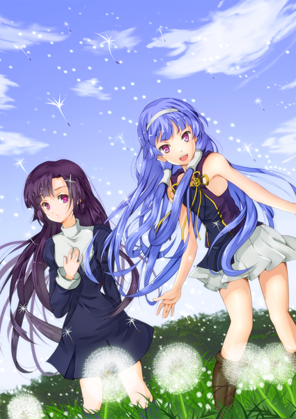 Anime picture 800x1130 with kannagi nagi (kannagi) zange amayofoo long hair tall image open mouth smile multiple girls blue hair sky purple hair cloud (clouds) pleated skirt pink eyes nun girl skirt hair ornament flower (flowers)