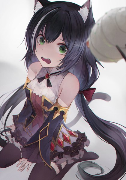 Anime picture 2652x3791 with princess connect! re:dive princess connect! karyl (princess connect!) crystalherb single long hair tall image looking at viewer fringe highres open mouth black hair simple background hair between eyes sitting twintails bare shoulders green eyes animal ears payot