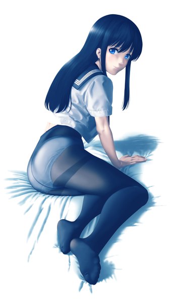 Anime picture 1800x3147 with original tora tsugumi single long hair tall image looking at viewer highres blue eyes light erotic black hair simple background white background sitting payot full body bent knee (knees) ass arm support shadow short sleeves
