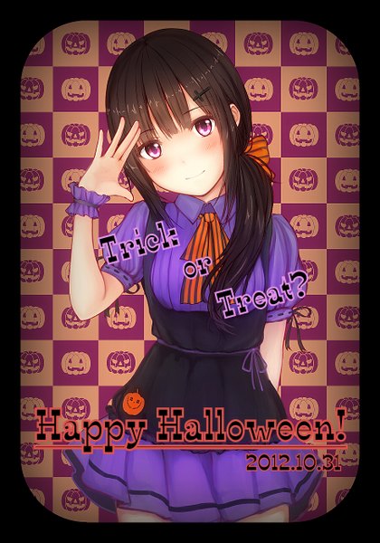 Anime picture 898x1282 with original 96tuki single long hair tall image looking at viewer blush black hair smile purple eyes ponytail side ponytail border halloween arm behind back happy halloween trick or treat girl dress bow