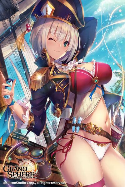 Anime picture 760x1140 with grand sphere fukai ryosuke single tall image looking at viewer blush fringe short hair breasts light erotic smile large breasts standing holding sky cleavage cloud (clouds) outdoors white hair one eye closed
