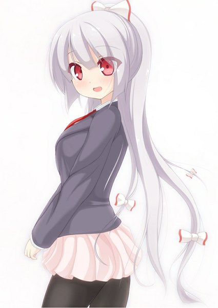 Anime picture 753x1063 with touhou fujiwara no mokou chimunge single long hair tall image looking at viewer blush simple background red eyes white background white hair reisen udongein inaba (cosplay) girl skirt bow hair bow