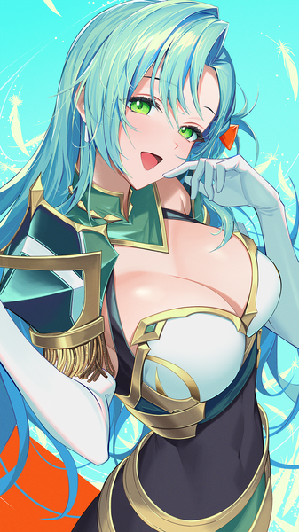 Anime picture 1080x1920 with fire emblem fire emblem engage nintendo chloe (fire emblem) kainown single long hair tall image looking at viewer breasts open mouth light erotic large breasts green eyes cleavage :d from above aqua hair covered navel aqua background