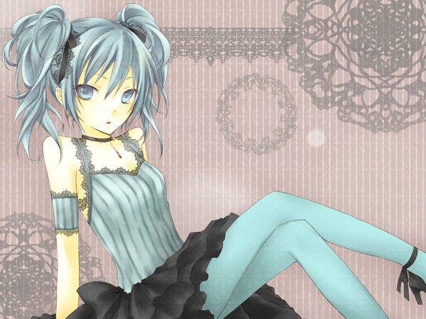 Anime picture 1024x768 with vocaloid hatsune miku kuroi (liar-player) long hair blue eyes twintails bare shoulders blue hair alternate hairstyle girl dress