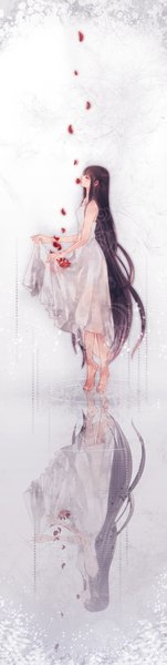 Anime picture 600x2375 with original toryufu single tall image fringe brown hair standing holding eyes closed very long hair barefoot reflection girl dress petals white dress