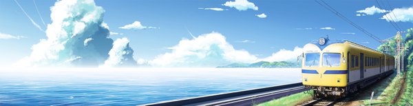 Anime picture 2648x682 with original solafin wide image sky cloud (clouds) reflection horizon mountain no people scenic plant (plants) tree (trees) sea grass power lines train railways railroad tracks