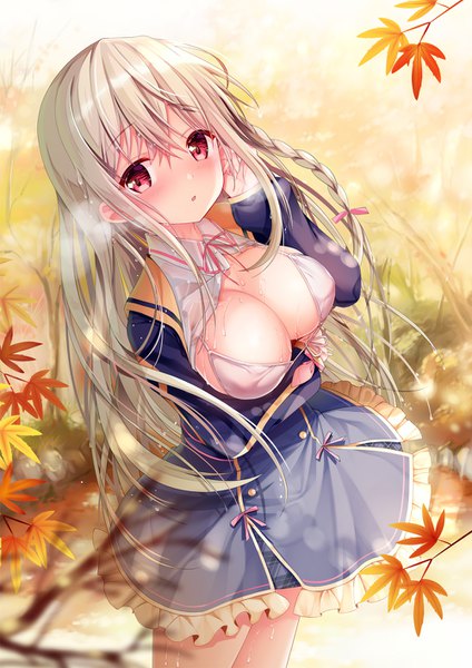 Anime picture 1000x1414 with original maeda shiori sousouman single long hair tall image looking at viewer blush fringe breasts light erotic blonde hair hair between eyes red eyes large breasts standing payot cleavage outdoors braid (braids)