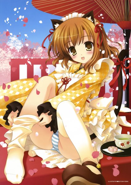 Anime picture 3951x5589 with satoshi goma tall image blush highres short hair open mouth light erotic brown hair animal ears yellow eyes absurdres animal tail cat ears pantyshot sitting girl thighhighs underwear panties ribbon (ribbons) petals