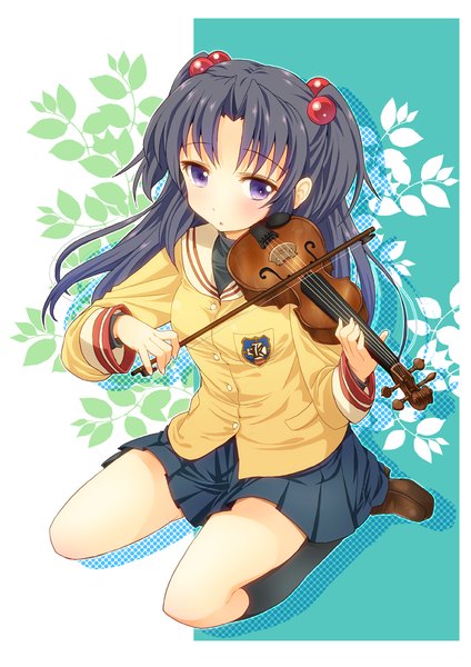 Anime picture 707x1000 with clannad key (studio) ichinose kotomi ratryu single long hair tall image blush sitting purple eyes blue hair looking away two side up girl uniform hair ornament school uniform socks black socks hair tie