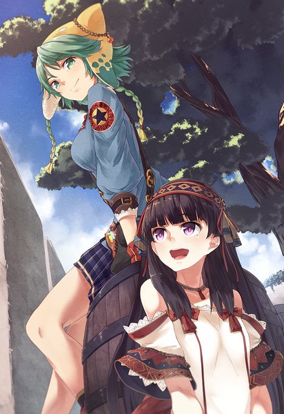 Anime picture 825x1200 with atelier (series) atelier shallie gust (company) shallotte elminus shallistera (atelier) ibuki notsu long hair tall image looking at viewer fringe short hair open mouth black hair smile sitting purple eyes bare shoulders multiple girls green eyes looking away