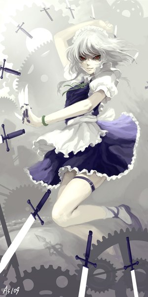 Anime picture 960x1920 with touhou izayoi sakuya as109 single tall image looking at viewer short hair red eyes signed maid pale skin weightlessness girl ribbon (ribbons) weapon socks shoes bracelet headdress maid headdress
