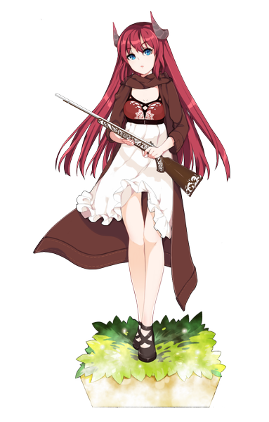 Anime picture 830x1300 with original hoshi usagi single long hair tall image looking at viewer blue eyes full body red hair horn (horns) transparent background girl dress weapon gun