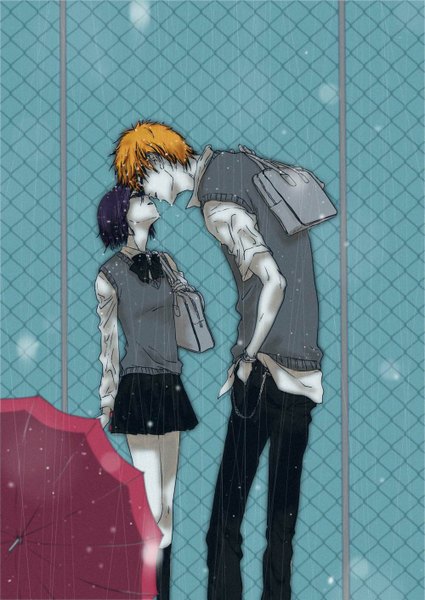 Anime picture 1000x1412 with bleach studio pierrot kurosaki ichigo kuchiki rukia micmic tall image short hair open mouth standing holding purple hair orange hair couple rain pale skin almost kiss shinigami gotei girl boy