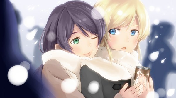 Anime picture 2300x1280 with love live! school idol project sunrise (studio) love live! toujou nozomi ayase eli suto (iamsuto) long hair blush highres open mouth blue eyes black hair blonde hair wide image multiple girls green eyes one eye closed fingernails lips wink