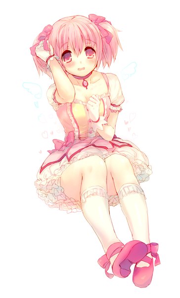 Anime picture 2487x4092 with mahou shoujo madoka magica shaft (studio) kaname madoka kinoko single tall image looking at viewer blush highres short hair open mouth simple background white background twintails pink hair pink eyes adjusting hair short twintails magical girl girl