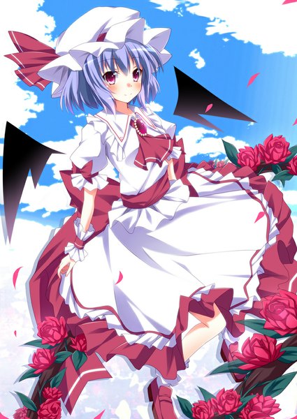 Anime picture 800x1130 with touhou remilia scarlet kurono yuzuko single tall image blush fringe short hair smile blue hair looking away sky cloud (clouds) pink eyes bat wings girl skirt flower (flowers) petals wings