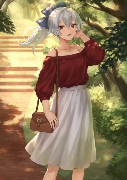 Anime picture 1302x1842 with fate (series) fate/grand order tomoe gozen (fate) mashuu (neko no oyashiro) single long hair tall image looking at viewer fringe open mouth smile hair between eyes red eyes standing bare shoulders silver hair outdoors ponytail :d off shoulder