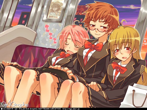 Anime picture 1024x768 with gagraphic super zombie eyes closed wallpaper sleeping :3 train interior girl uniform school uniform glasses train