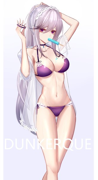 Anime picture 1092x2000 with azur lane dunkerque (azur lane) dunkerque (summer sucre) (azur lane) eternity (shadeh) single long hair tall image looking at viewer fringe breasts light erotic simple background hair between eyes large breasts standing payot cleavage silver hair pink eyes arms up