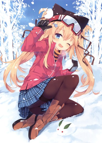 Anime picture 2496x3500 with original nibiiro shizuka single long hair tall image looking at viewer blush highres open mouth blue eyes blonde hair one eye closed scan official art winter snow exhalation ;d girl skirt