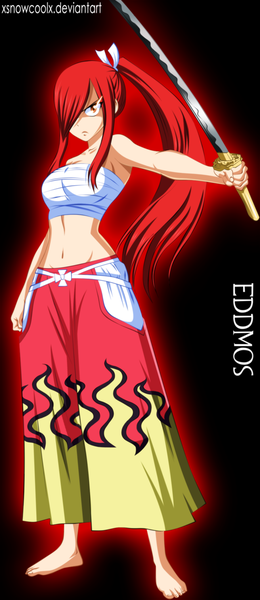 Anime picture 900x2074 with fairy tail erza scarlet xsnowcoolx single long hair tall image fringe light erotic simple background ponytail red hair hair over one eye inscription bare belly midriff orange eyes coloring glowing black background glowing eye (eyes)