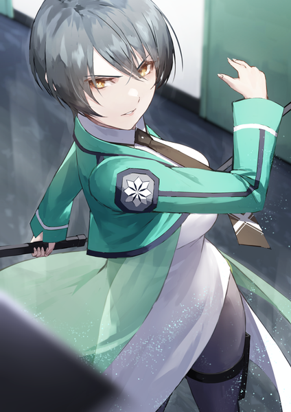 Anime picture 843x1192 with mahouka koukou no rettousei watanabe mari fagi (kakikaki) single tall image looking at viewer short hair breasts standing holding brown eyes indoors long sleeves from above grey hair serious girl uniform weapon school uniform