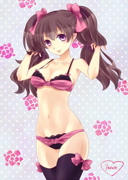 Anime picture 1288x1805 with touhou himekaidou hatate i (jadeguy3521) single long hair tall image blush light erotic black hair purple eyes twintails underwear only girl thighhighs navel underwear panties bow black thighhighs hair bow