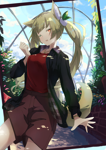 Anime picture 1447x2047 with original mikisai single long hair tall image looking at viewer blush fringe open mouth blonde hair standing twintails animal ears looking away sky cloud (clouds) tail long sleeves head tilt animal tail