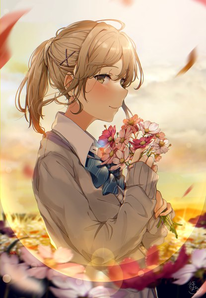 Anime picture 1198x1733 with original hisao 0111 single tall image looking at viewer blush fringe short hair blonde hair smile hair between eyes holding brown eyes signed payot sky upper body outdoors ponytail long sleeves