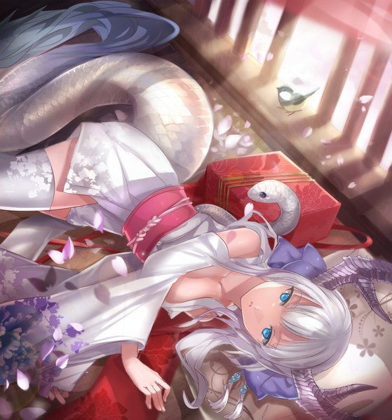 Anime picture 750x806 with original samu (a117216) single long hair tall image looking at viewer blue eyes white hair indoors lying horn (horns) from above wide sleeves floral print looking up girl thighhighs detached sleeves animal petals