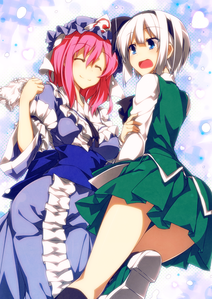 Anime picture 1500x2118 with touhou konpaku youmu saigyouji yuyuko sazanami mio tall image blush short hair open mouth blue eyes smile multiple girls pink hair silver hair eyes closed traditional clothes japanese clothes pleated skirt from below embarrassed happy