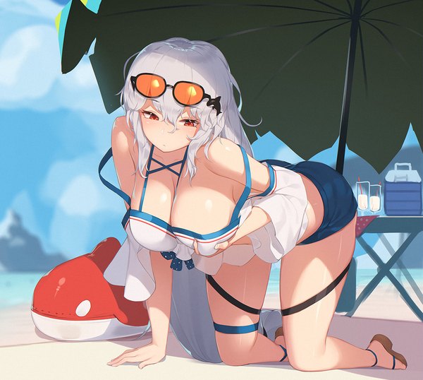 Anime picture 1115x1000 with arknights skadi (arknights) skadi (waverider) (arknights) ce- -3 single blush fringe breasts light erotic hair between eyes red eyes large breasts bare shoulders payot sky cleavage silver hair full body outdoors very long hair