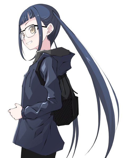 Anime picture 900x1140 with yurucamp oogaki chiaki tomcat single long hair tall image simple background white background twintails yellow eyes payot blue hair looking away upper body girl glasses jacket backpack