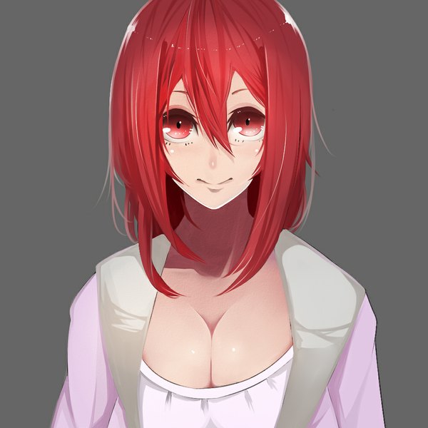 Anime picture 1000x1000 with maoyuu maou yuusha arms corporation maou (maoyuu) akuan (7jackpot7) single looking at viewer fringe short hair breasts simple background smile red eyes large breasts cleavage red hair lips grey background alternate costume alternate hairstyle girl