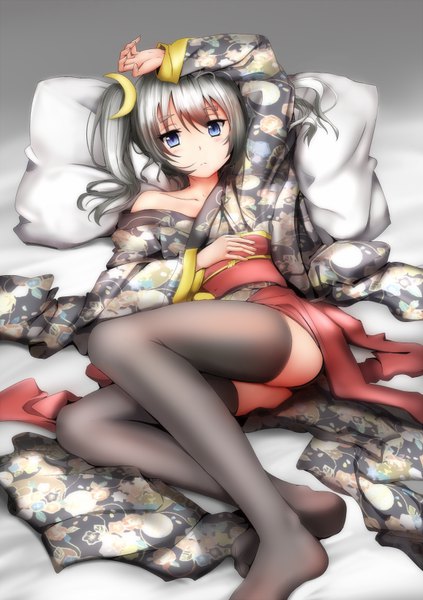 Anime picture 578x818 with original ginhaha single long hair tall image looking at viewer blue eyes light erotic traditional clothes japanese clothes grey hair girl thighhighs hair ornament kimono pillow obi