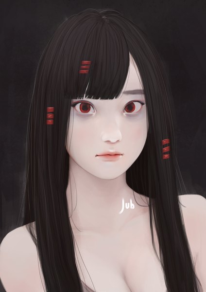 Anime picture 2480x3508 with original alyssa (jubi) jubi (regiana) single long hair tall image looking at viewer highres black hair red eyes bare shoulders signed cleavage realistic portrait dark background pale skin girl