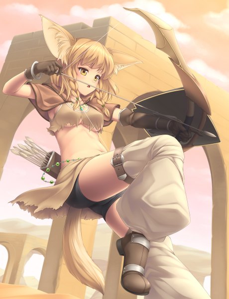 Anime picture 941x1225 with original sasaame single tall image blush short hair open mouth blonde hair animal ears yellow eyes tail braid (braids) animal tail girl gloves weapon shorts bow (weapon) arrow (arrows) shield