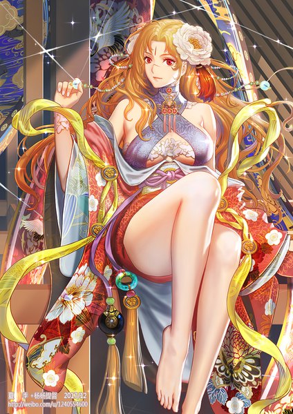 Anime picture 827x1169 with xiaji single long hair tall image looking at viewer breasts light erotic blonde hair red eyes large breasts holding traditional clothes hair flower lips wide sleeves sparkle floral print girl flower (flowers) jewelry